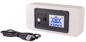 Drewniany Budzik Na Baterie XONIX - Cyfrowy - Termometr, Datownik, Automatyczne Przyciemnianie, Aktywacja Głosowa Wyświetlacza, 3 Niezależne Alarmy - Biały