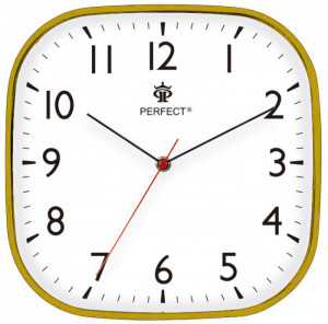 Zegar Na Ścianę PERFECT - Klasyczny Wygląd - Czytelne Indeksy - Kwadratowy z Zaokrągleniami – Złoty 