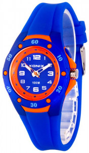 Zegarek Damski i Dziecięcy XONIX WR100m - Wskazówkowy z Podświetleniem - Niebieski z Pomarańczowymi Elementami - Czytelna Tarcza - Gumowy Pasek - Antyalergiczny