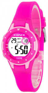 Mały Zegarek Na Każdą Rękę XONIX - Wodoszczelny 100m - Damski i Dla Dziewczynki - Elektroniczny i Wielofunkcyjny - Syntetyczny Matowy Pasek - Antyalergiczny - RÓŻOWY z Jasnoróżowymi Dodatkami - Idealny Na Prezent + Pudełko