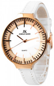 Zegarek Damski Jordan Kerr z Dużą Okrągłą Kopertą i Wąskim Skórzanym Paskiem - Tarcza Ozdobiona Brokatowym Ringiem - Duże Czarne Indeksy - WHITE