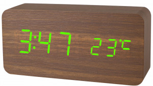 Drewniany Budzik Na Baterie XONIX - Cyfrowy - Termometr, Datownik, Automatyczne Przyciemnianie, Aktywacja Głosowa Wyświetlacza, 3 Niezależne Alarmy - Brązowy