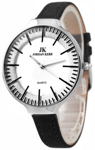 Zegarek Damski Jordan Kerr z Dużą Okrągłą Kopertą i Wąskim Skórzanym Paskiem - Tarcza Ozdobiona Brokatowym Ringiem - Duże Czarne Indeksy - BLACK
