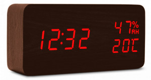 Drewniany Zegarek Budzik XONIX Na Baterie - Termometr, Wilgotnościomierz, 3 Niezależne Alarmy, Podświetlenie Sterowane Głosem - Czytelne Cyfry - Brązowy