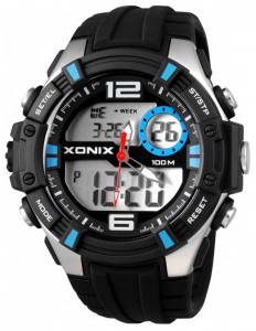 Duży Męski / Młodzieżowy Zegarek XONIX - Sportowy - Wielofunkcyjny – Stoper 100 Międzyczasów , Timer, Budzik - Cyfrowy z Podświetleniem + Wskazówki – Czarny
