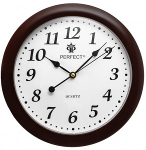 Zegar Ścienny PERFECT - Cichy Płynący Mechanizm - Brązowa Ramka Biała Tarcza - Okrągły 28cm Średnicy