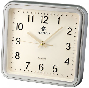 Oryginalny Wskazówkowy Zegar Ścianny PERFECT - Kwadratowy - Klasyczny Wygląd - Cichy Płynący Mechanizm - Beżowa Tarcza, Srebrna Obudowa - 27,8cm Wysokości