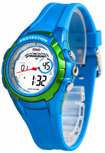 Nieduży Dziecięcy Zegarek Uniwersalny OCEANIC WR100m - Wskazówki + Wyświetlacz - Wielofunkcyjny - 3xAlarm, Stoper, Timer, Podświetlenie - Niebieski + Zielone Elementy