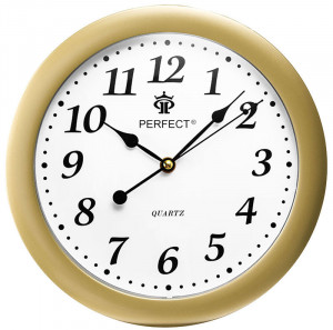 Zegar Ścienny PERFECT - Cichy Płynący Mechanizm - Złota Ramka Biała Tarcza - Okrągły 28cm Średnicy
