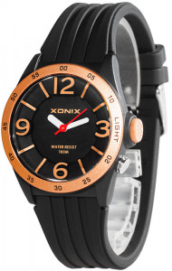 Wskazówkowy Zegarek XONIX WR100m - Podświetlana Tarcza z Dużymi Indeksami Godzin - Uniwersalny Rozmiar - Młodzieżowy i Damski - Antyalergiczny - Czarny + Ring Rose Gold