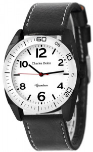 Analogowy Zegarek Charles Delon - Uniwersalny Model - Elegancka, Przejrzysta Tarcza - Czarny Skórzany Pasek Obszyty Białą Nicią