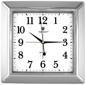 Kwadratowy Zegar Ścienny PERFECT - Zdobiona Srebrna Obudowa - 35cm Średnicy - Cichy, Płynący Mechanizm