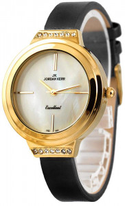Zegarek Damski Jordan Kerr z Perłową Tarczą - Wąski Skórzany Pasek - Koperta Zdobiona Kryształkami Swarovskiego - Pasuje Na Każdą Rękę - CZARNY