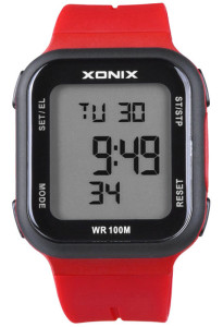 Sportowy Zegarek z Krokomierzem XONIX - Uniwersalny Model - Wbudowana Bateria - Termometr - Wodoszczelność 100m - Prostokątny Duży Wyświetlacz Elektroniczny - Termometr - Kolor Czerwony