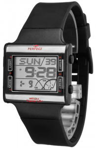 Kwadratowy Elektroniczny Zegarek PERFECT - Czarny - Wielofunkcyjny, Uniwersalny - AM PM, Data, 3x Alarm, Timer, Druga Strefa Czasowa, Stoper 12 Międzyczasów - Metalowe Pudełko