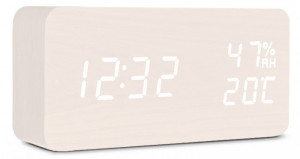 Drewniany Zegarek Budzik XONIX Na Baterie - Termometr, Wilgotnościomierz, 3 Niezależne Alarmy, Podświetlenie Sterowane Głosem - Czytelne Cyfry - Biały