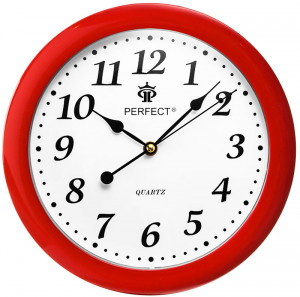 Zegar Ścienny PERFECT - Cichy Płynący Mechanizm - Czerwona Ramka Biała Tarcza - Okrągły 28cm Średnicy