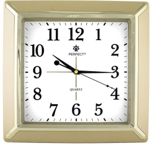 Kwadratowy Zegar Ścienny PERFECT - Zdobiona Złota Obudowa - 35cm Średnicy - Cichy, Płynący Mechanizm
