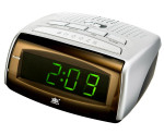 Nieduży Budzik XONIX Zasilany Sieciowo - Regulacja Głośności Alarmu - Funkcja Dobudzania - Srebrny z Zielonymi Cyframi