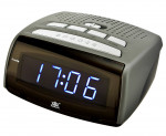 Nieduży Budzik XONIX Zasilany Sieciowo - Regulacja Głośności Alarmu - Funkcja Dobudzania - Srebrny z Niebieskimi Cyframi