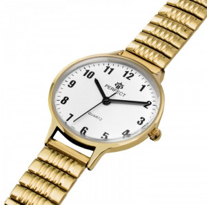 Elegancki Zegarek Damski Na Złotej Rozciągliwej Bransolecie Typu Stretch - Marka PERFECT - Kontrastujące Czarne Indeksy Na Białej Tarczy 