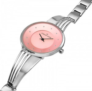 Zegarek Damski Jordan Kerr Na Nietypowej Bransolecie - Prosta Tarcza z Minimalistycznymi Oznaczeniami - Srebrny z Różową Tarczą