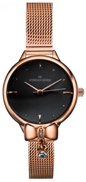 Zegarek Damski Jordan Kerr Na Bransolecie Typu Mesh - Koperta Zdobiona Kokardką i Cyrkoniami - Elegancki Wygląd - Kolor ROSE GOLD