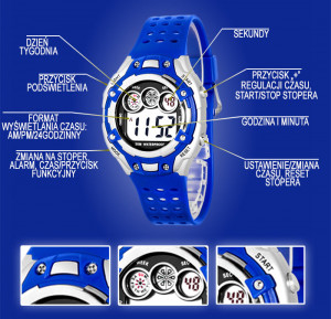 Uniwersalny Zegarek Sportowy - Elektroniczny Czytelny Wyświetlacz - Wielofunkcyjny - Stoper Data Budzik Podświetlenie - Niebieski z Szarą Kopertą