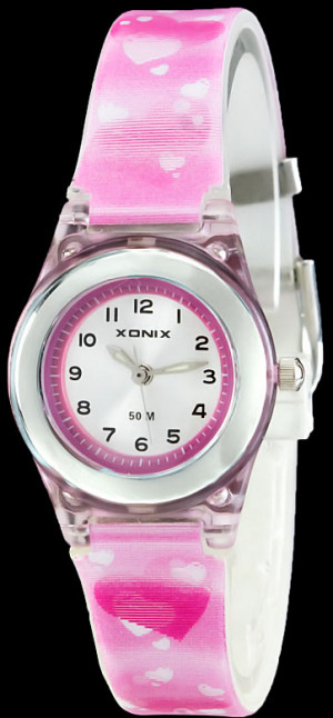 Malusieńki Zegarek XONIX Dla Dziewczynki - Różowy I Ozdobiony Serduszkami - GIRLS