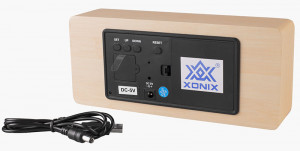Czytelny Drewniany Budzik XONIX Na Baterie - Nowoczesny Model - Termometr Datownik Aktywacja Głosowa Wyświetlacza - 21cm Szerokości - Brązowy