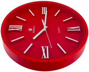 Zegar Ścienny PERFECT - Duże Białe Rzymskie Cyfry Na Czerwonej Tarczy - Ożywiający Wnętrze Kuchni, Biura, Pokoju - Cichy Płynący Mechanizm - 33cm Średnicy