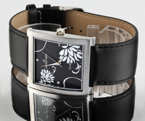 Damski Zegarek Jordan Kerr z Kwadratową Tarczą Ozdobioną Kwiatami - Czarny Skórzany Pasek - Antyalergiczny