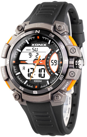 Męski i Młodzieżowy Zegarek Sportowy XONIX WR100m - DualTime LCD + Wskazówki - Stoper 100 Międzyczasów z Pamięcią Pomiarów 