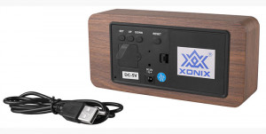 Czytelny Drewniany Budzik XONIX Na Baterie - Nowoczesny Model - Termometr Datownik Aktywacja Głosowa Wyświetlacza - 21cm Szerokości - Brązowy