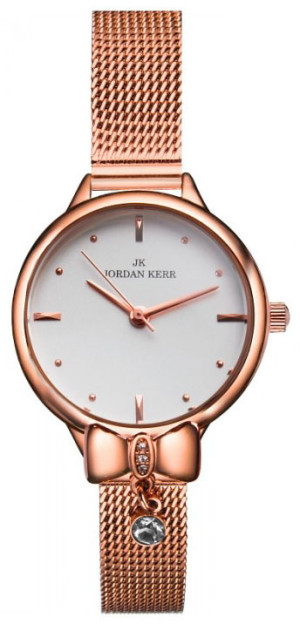 Zegarek Damski Jordan Kerr Na Bransolecie Typu Mesh - Koperta Zdobiona Kokardką i Cyrkoniami - Elegancki Wygląd - Kolor ROSE GOLD