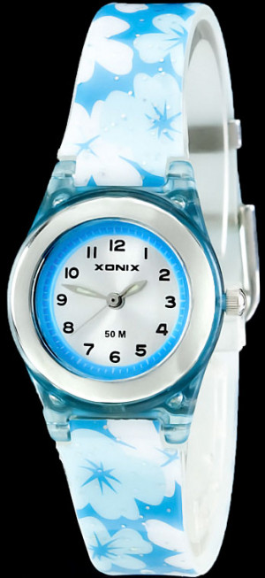 Malusieńki Zegarek XONIX Dla Dziewczynki - Niebieski I Ozdobiony Kwiatkami