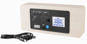 Czytelny Drewniany Budzik XONIX Na Baterie - Nowoczesny Model - Termometr Datownik Aktywacja Głosowa Wyświetlacza - 21cm Szerokości - Biały