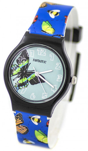 Kolorowy Analogowy Zegarek Dziecięcy – FANTASTIC – Dla Dziewczynki – Niebieski W Różnokolorowe Motyle