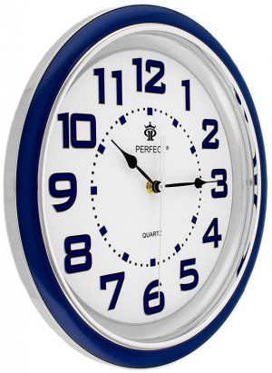 Duży Czytelny Zegar Ścienny PERFECT - Duże Indeksy Godzin - Okrągła Obudowa z Przeźroczystym Elementem - Cichy Płynący Mechanizm - 33,5 cm Średnicy
