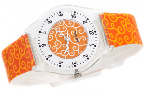 Pomarańczowy Analogowy Zegarek Dziecięcy – FANTASTIC – Dla Dziewczynki – Pomarańczowy Zegarek W Żółte I Białe Zawijaski 