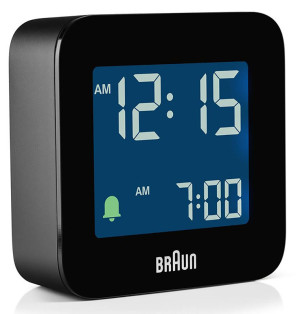 Mały Podróżny Budzik Braun z Elektronicznym Wyświetlaczem - Narastający Dźwięk Alarmu + Funkcja Dobudzania (Snooze) - Podświetlenie - Tylko 5,8cm Szerokości - CZARNY