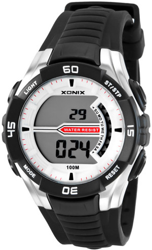 Wytrzymały Zegarek Sportowy XONIX LCD - Wodoszczelność 100M, Stoper, Alarm - Model Męski I Młodzieżowy - Czarno Biały
