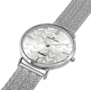Stylowy Damski Zegarek Jordan Kerr - Tarcza Zdobiona Regularnym Symetrycznym Wzorem - Bransoleta Typu Mesh - Srebrny