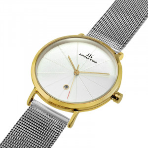 Zegarek Jodan Kerr Na Modnej Bransolecie Typu Mesh - Damski - Symetrycznie Zdobiona Tarcza + Datownik - Kolor Srebrny 