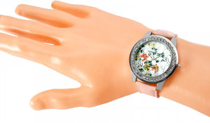 Romantyczny Damski Zegarek Jordan Kerr Z Dużą Ozdobioną Uroczymi Kwiatkami Tarczą + Kryształki Swarovskiego 
