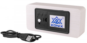 Budzik Na Baterie XONIX - Drewniany - Elektroniczny - Datownik z Dniem Tygodnia, Termometr, Aktywacja Głosem, Regulacja Jasności Wyświetlacza - Stylowy Nowoczesny Model - BIAŁY