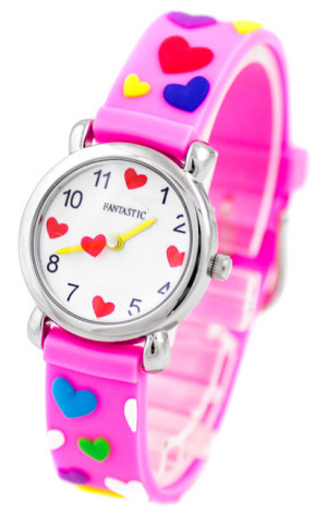 Różowy Zegarek Dziecięcy Dla Dziewczynki FANTASTIC - Ozdobiony Kolorowymi Serduszkami