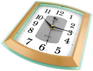 Prostokątny Zegar Ścienny Marki Perfect - Zielono Złota Obudowa, Biała Tarcza - Cichy Płynący Mechanizm - 36cm Wysokości