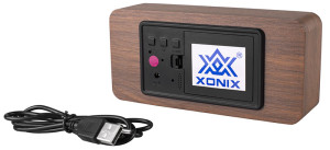 Drewniany Budzik Na Baterie XONIX - Cyfrowy - Termometr, Datownik, Automatyczne Przyciemnianie, Aktywacja Głosowa Wyświetlacza, 3 Niezależne Alarmy - Brązowy