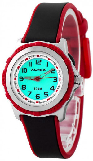 Malutki Czarno Czerwony Zegarek XONIX - Dziecięcy Dla Chłopca i Dziewczynki - Wskazówkowy z Podświetleniem - Wodoszczelny 100m